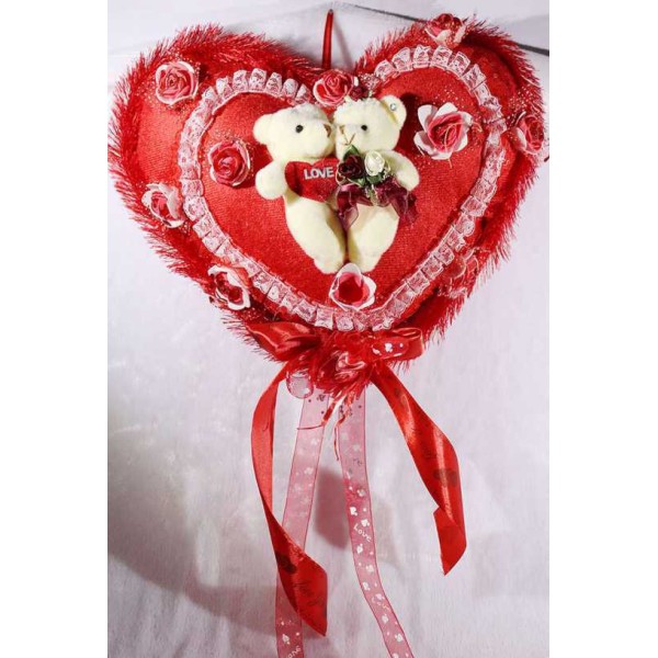 Beautiful Red Plush Frill Heart with Love Couple Teddy Bears